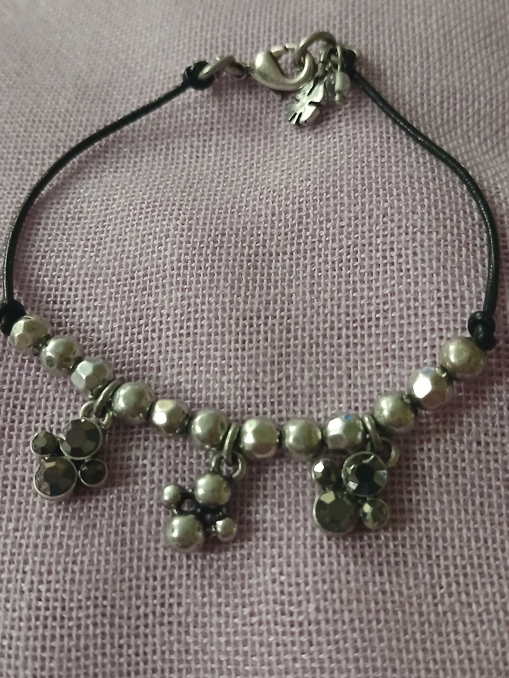 Silver Bead Flower Charm Bracelet With Black Stones